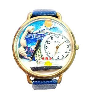 W.Y.L. Whimsical Travel Theme Wrist Watch 3D Exotic Destinations Blue White